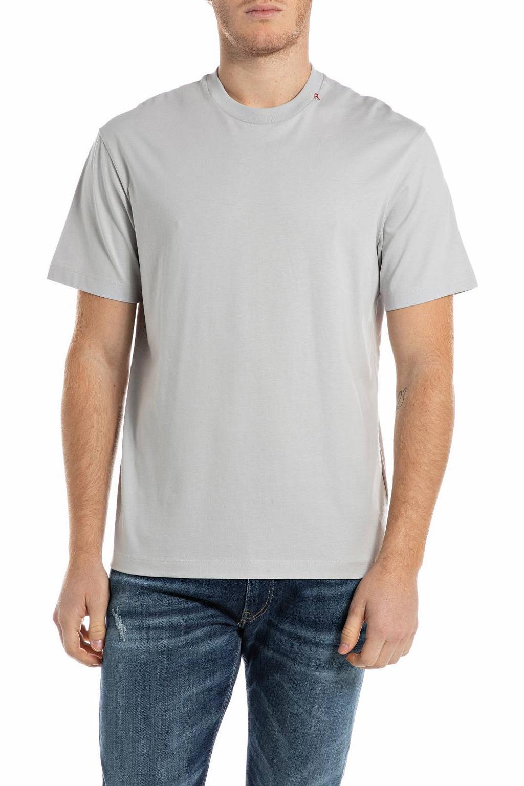 Lichtgrijze heren REPLAY regular T-shirt van katoen met backprint, korte mouwen en ronde hals