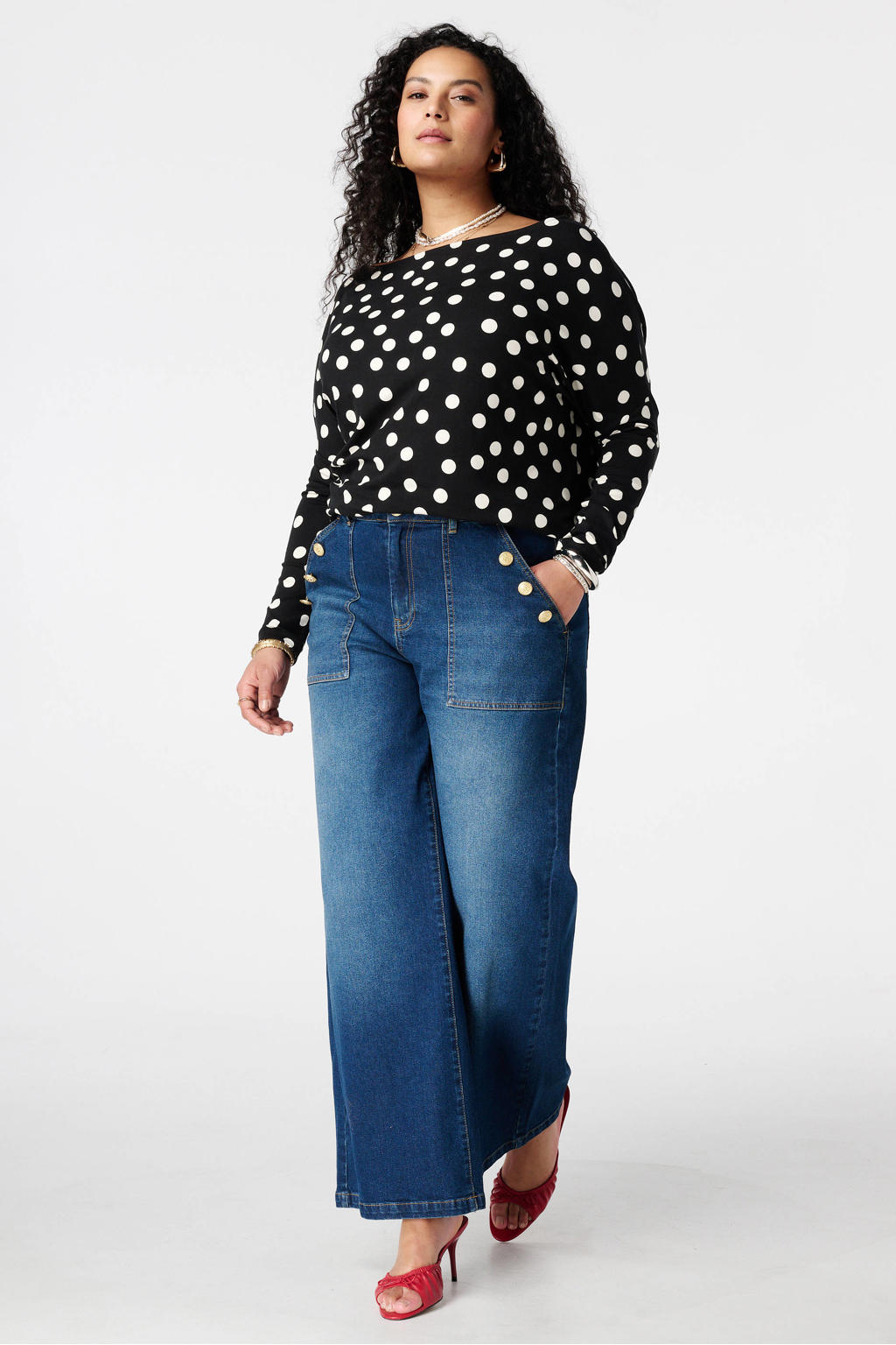 Zwart en witte dames MS Mode top van viscose met stippenprint, lange mouwen en klassieke kraag