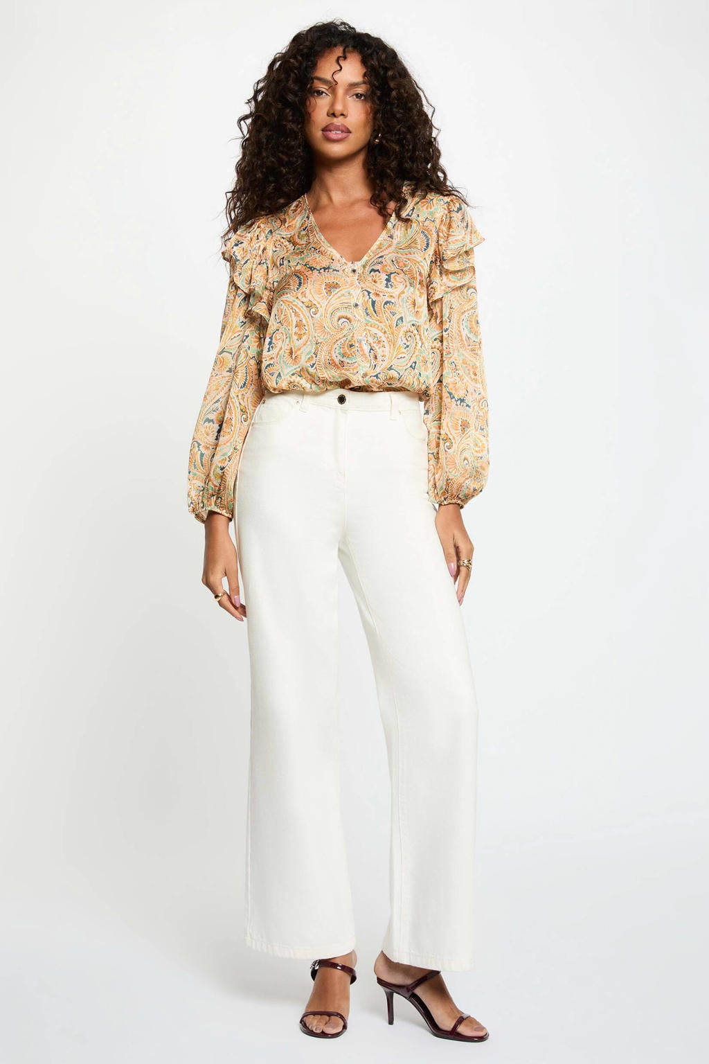 Geel en ecru dames Morgan top print van polyester met paisley print, lange mouwen, V-hals en ruches