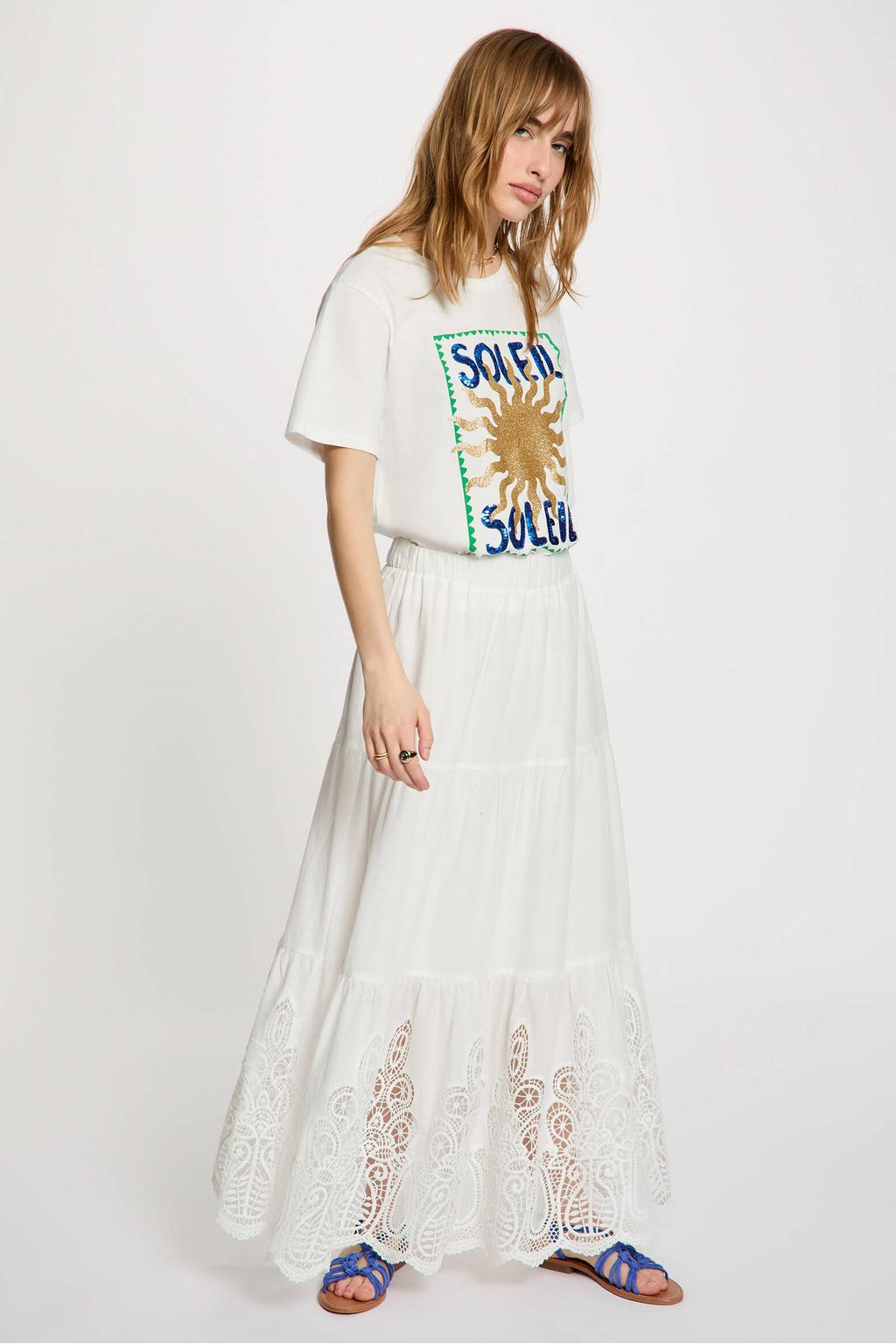 Wit en blauwe dames Morgan T-shirt van katoen met printopdruk, korte mouwen, ronde hals en glitters