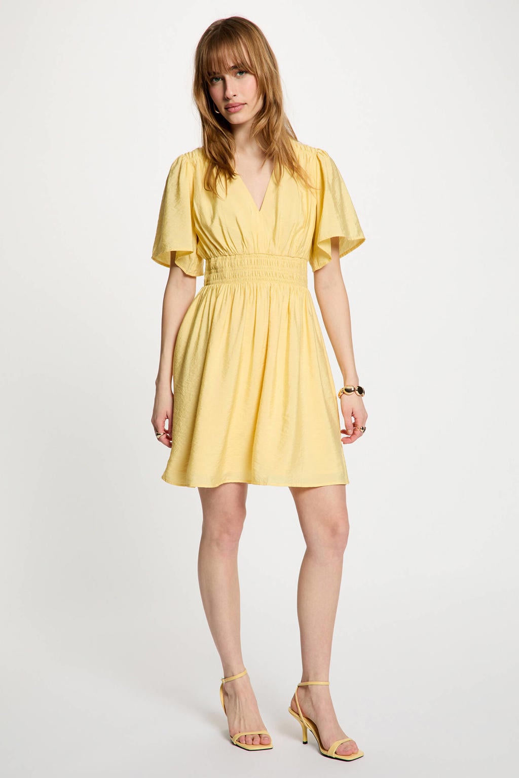 Lichtgele dames Morgan cocktailjurk van viscose met effen, korte mouwen, V-hals, elastische inzet en smockwerk