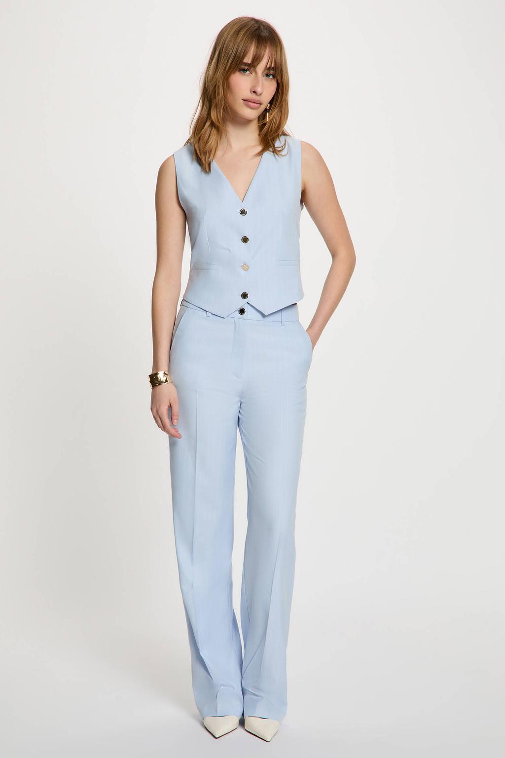 Lichtblauwe dames Morgan straight high waist pantalon van polyester met rits- en knoopsluiting en effen