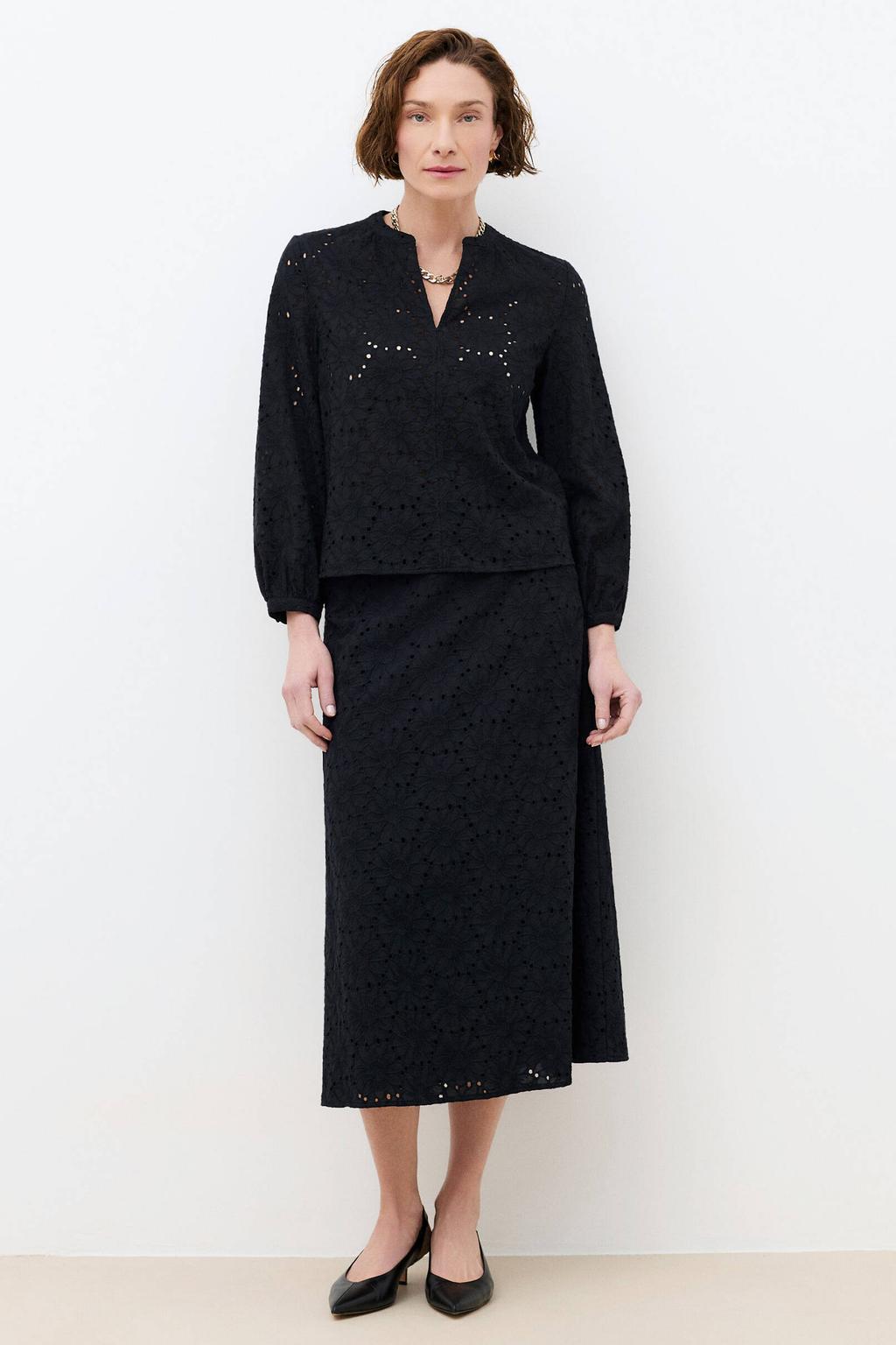 Zwarte dames Caroll blouse broderie van katoen met effen, lange mouwen, V-hals en knoopsluiting