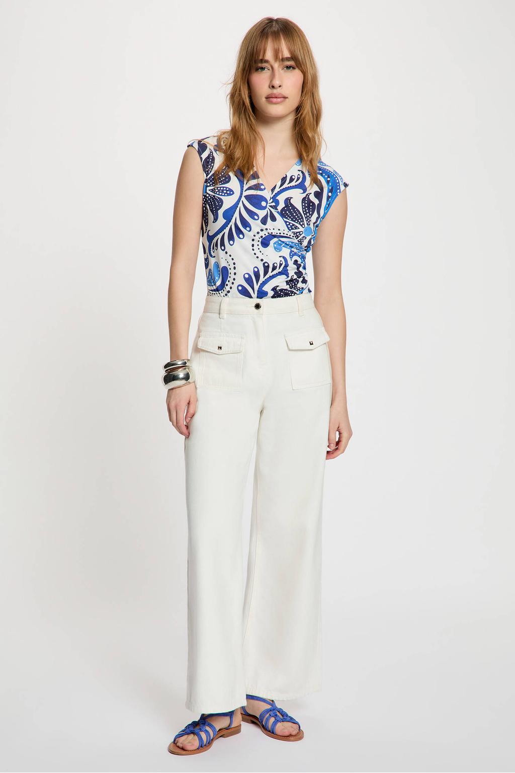 Ecru en blauwe dames Morgan mouwloze top print van polyester met paisley print en V-hals