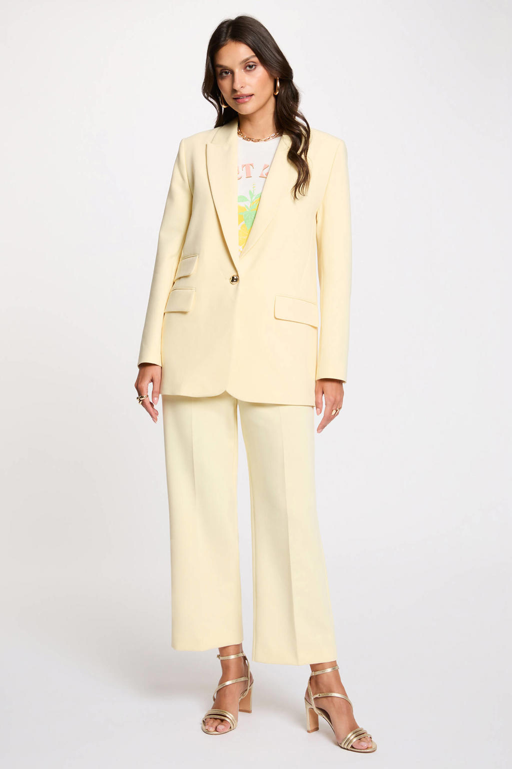 Lichtgele dames Morgan oversized blazer van polyester met effen, lange mouwen, reverskraag en knoopsluiting
