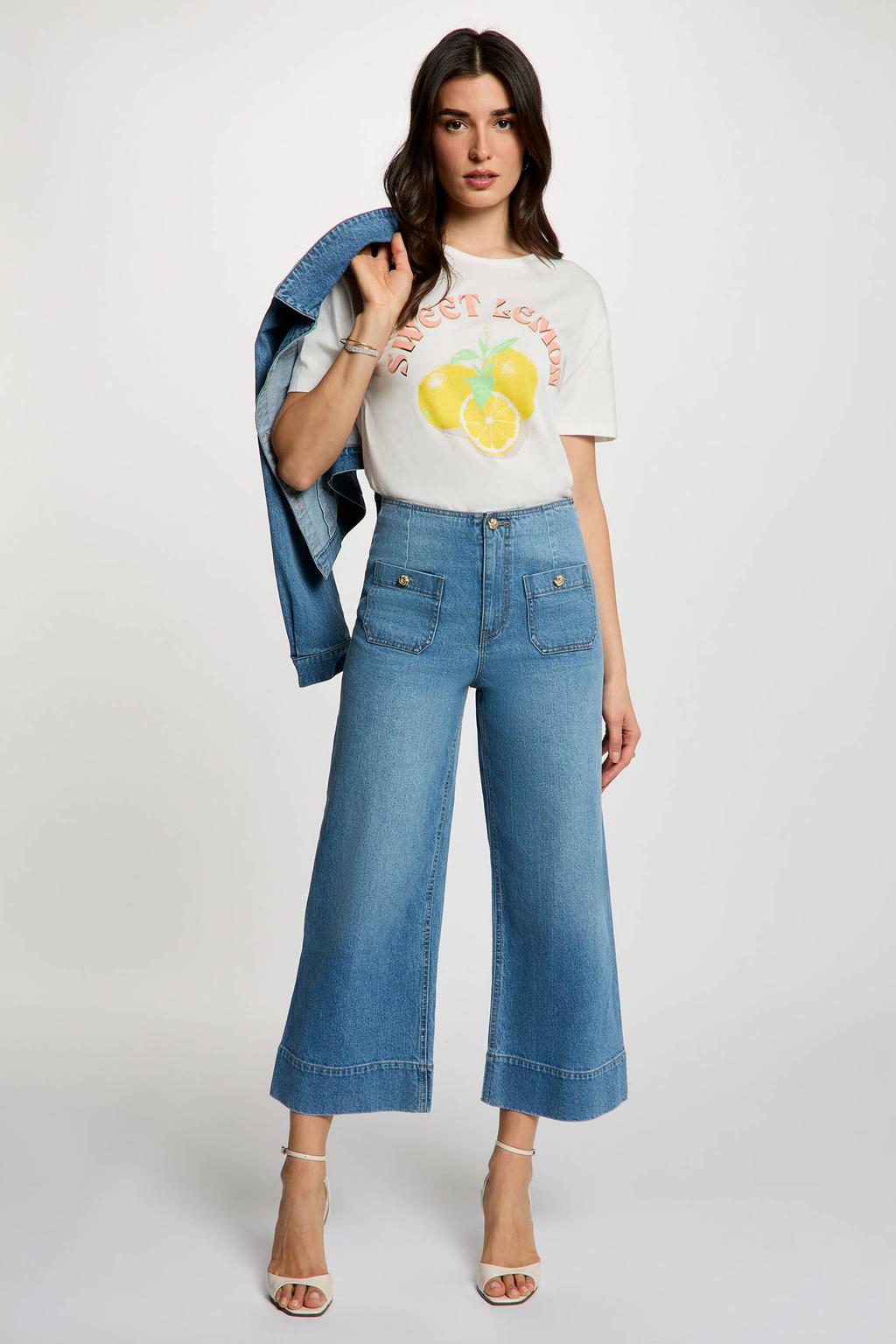 Wit en gele dames Morgan T-shirt van modal met printopdruk, korte mouwen en ronde hals