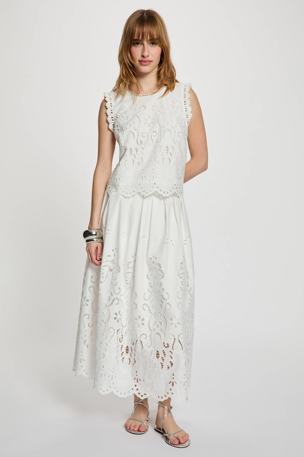 Ecru dames Morgan top broderie van polyester met effen en ronde hals