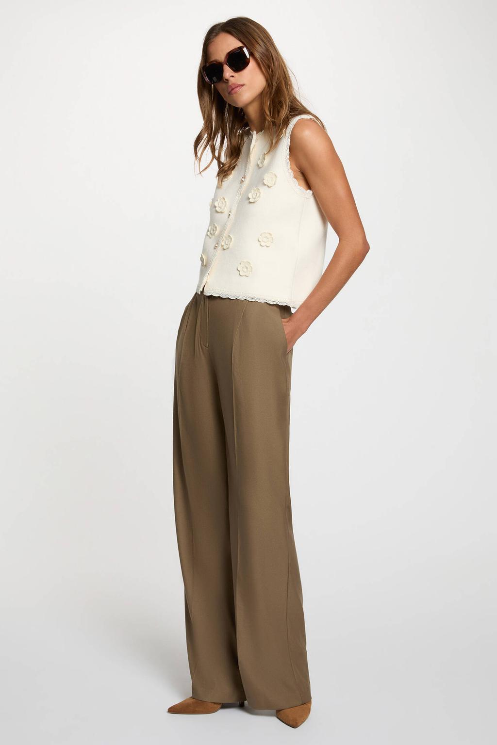 Kakikleurige dames Morgan straight high waist pantalon van polyester met rits- en haaksluiting en effen