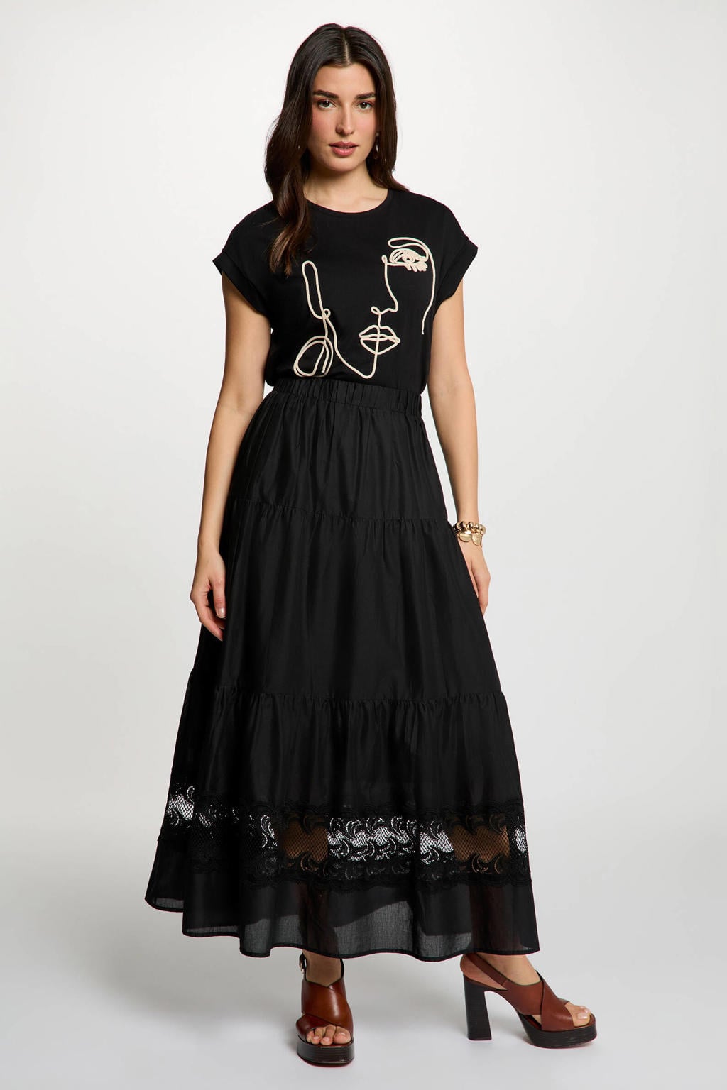Zwarte dames Morgan t-shirt van katoen met grafische print, korte mouwen en ronde hals