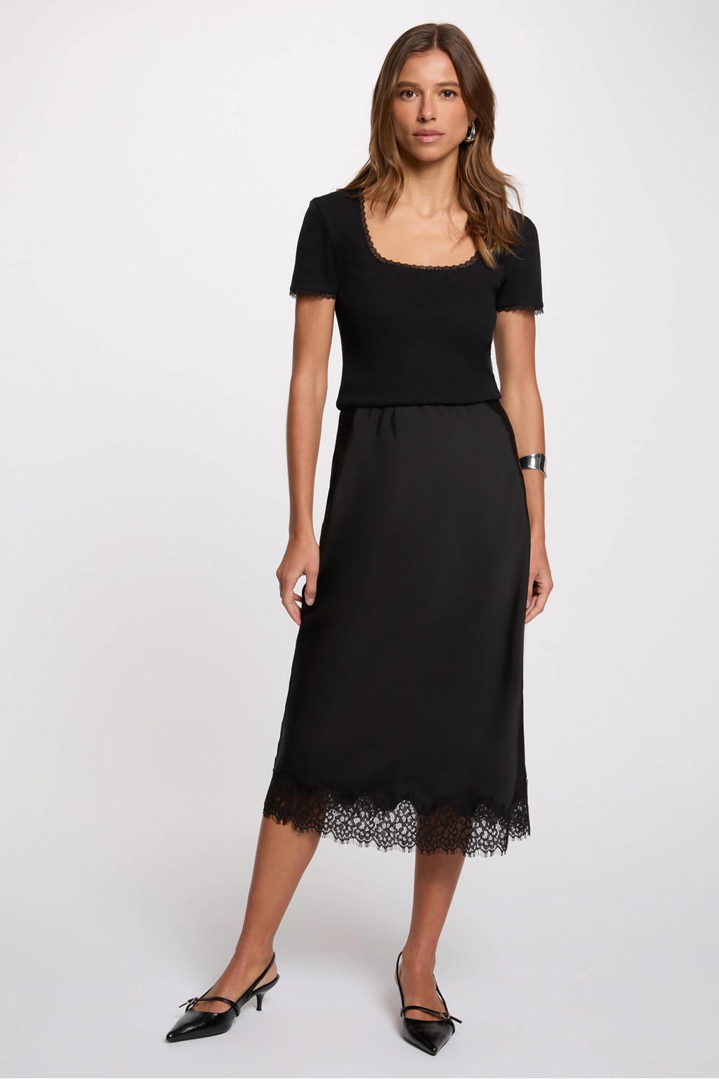 Zwarte dames Morgan midi rok gemaakt van polyester
