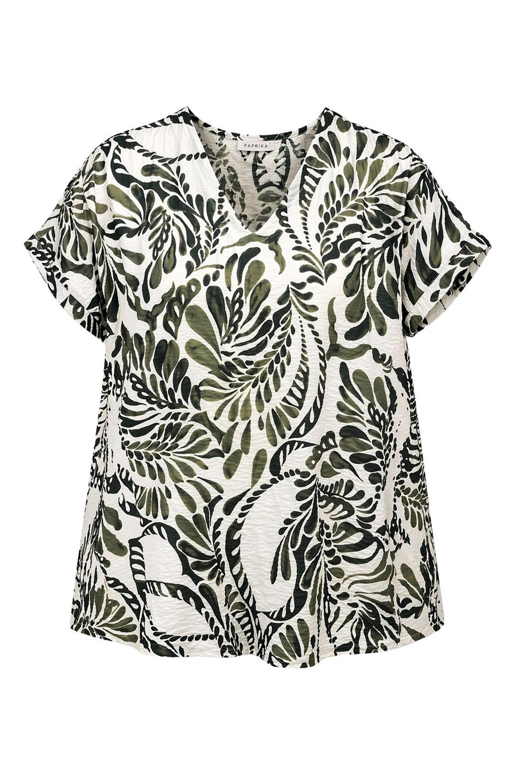 Groen, zwart en ecru dames Paprika top van viscose met bladprint, korte mouwen en V-hals