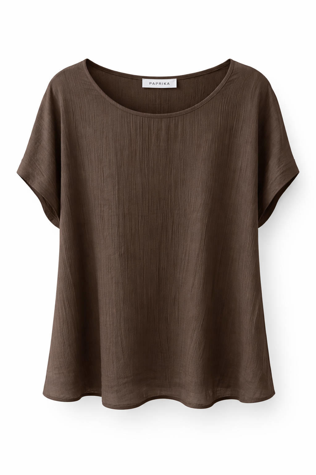 Bruine dames Paprika top van viscose met effen, korte mouwen en ronde hals