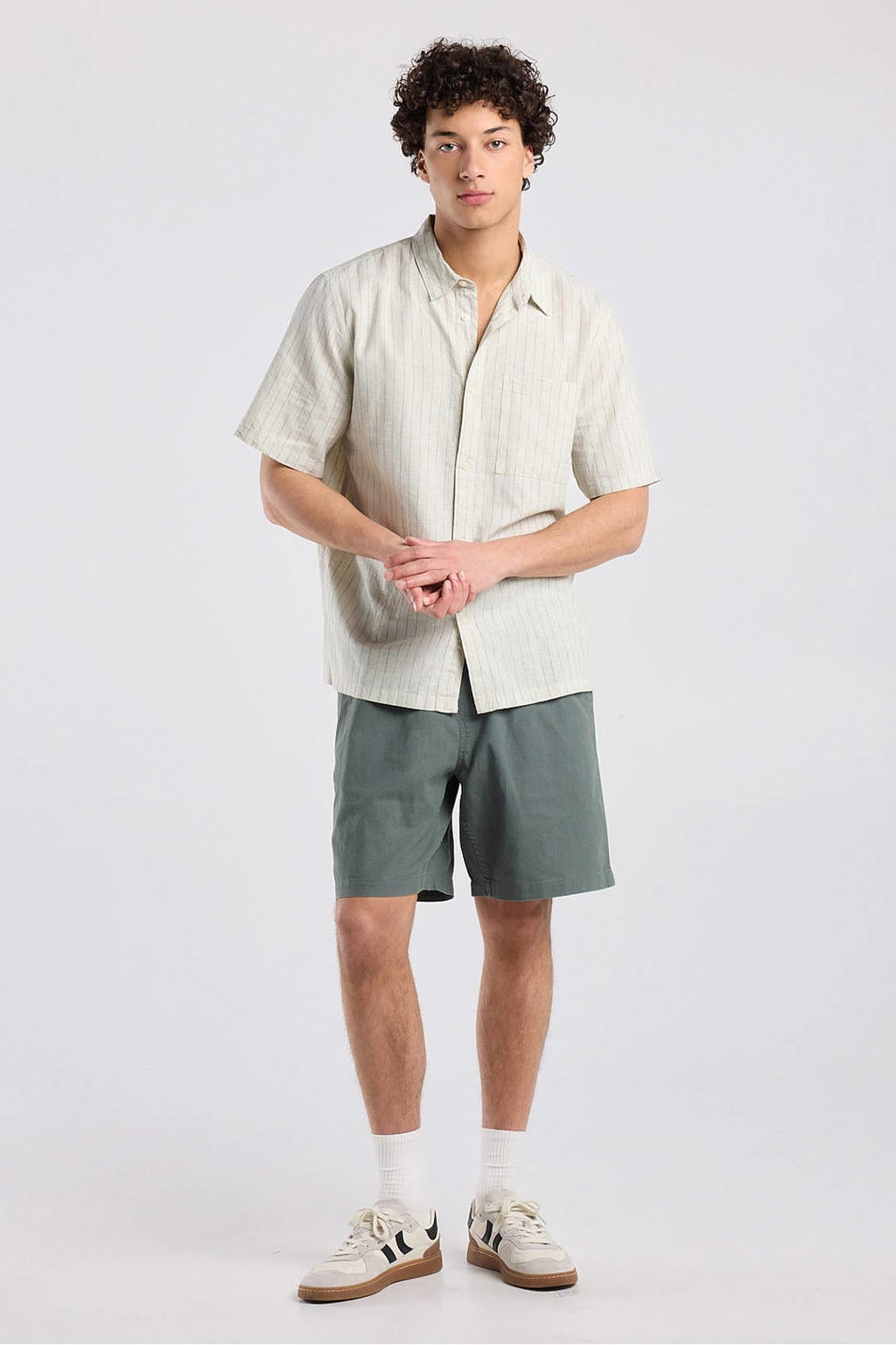 Groene heren America Today regular casual overhemd van linnen met krijtstreepprint, korte mouwen, opstaande kraag en knoopsluiting