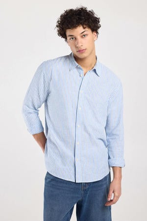regular casual overhemd met linnen met krijtstreep blauw