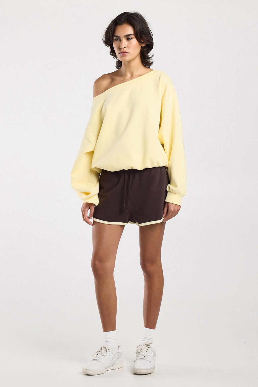 Gele dames America Today sweater van katoen met effen, lange mouwen en one shoulder