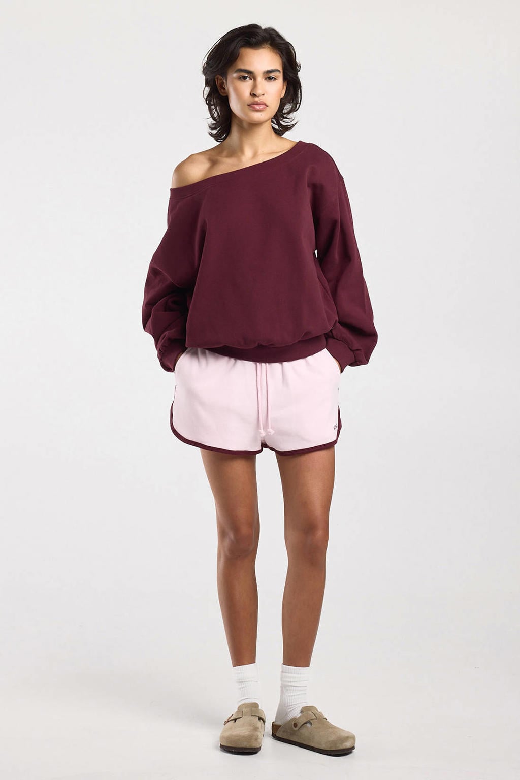 Donkerrode dames America Today sweater van katoen met effen, lange mouwen en one shoulder