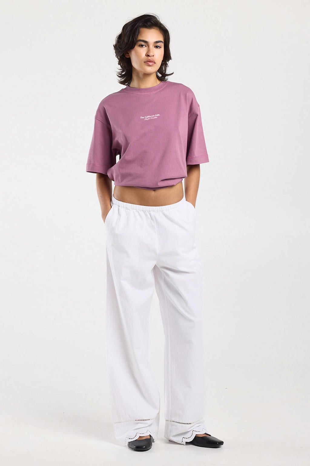 Witte dames America Today wide leg low waist broek broderie van katoen met effen