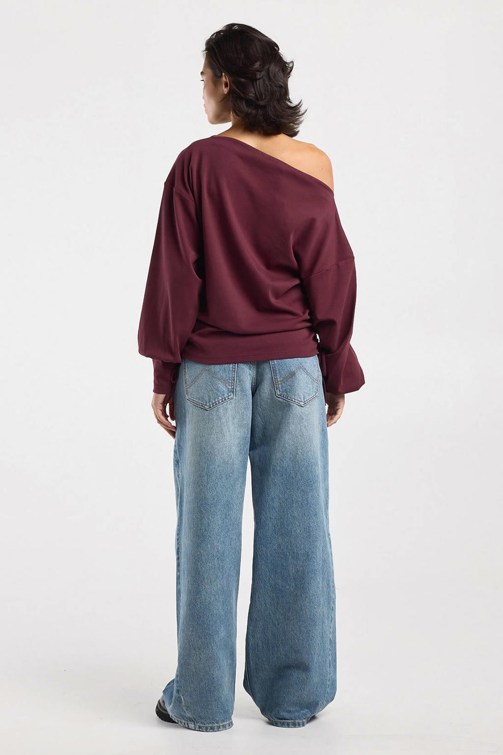 Paarse dames America Today sweater van katoen met effen, lange mouwen en ronde hals