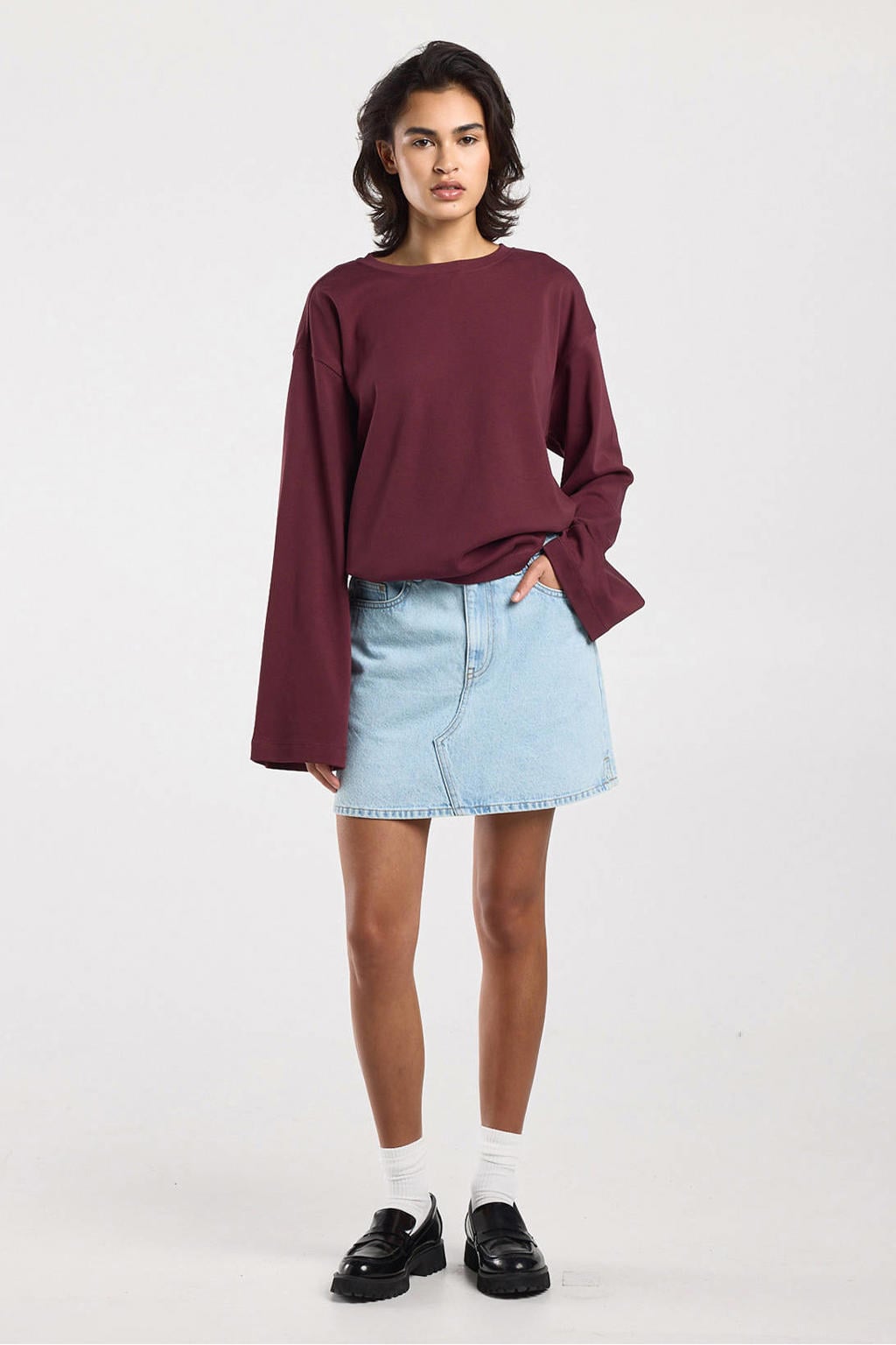 Light blue denim dames America Today mini rok gemaakt van denim en met rits- en knoopsluiting