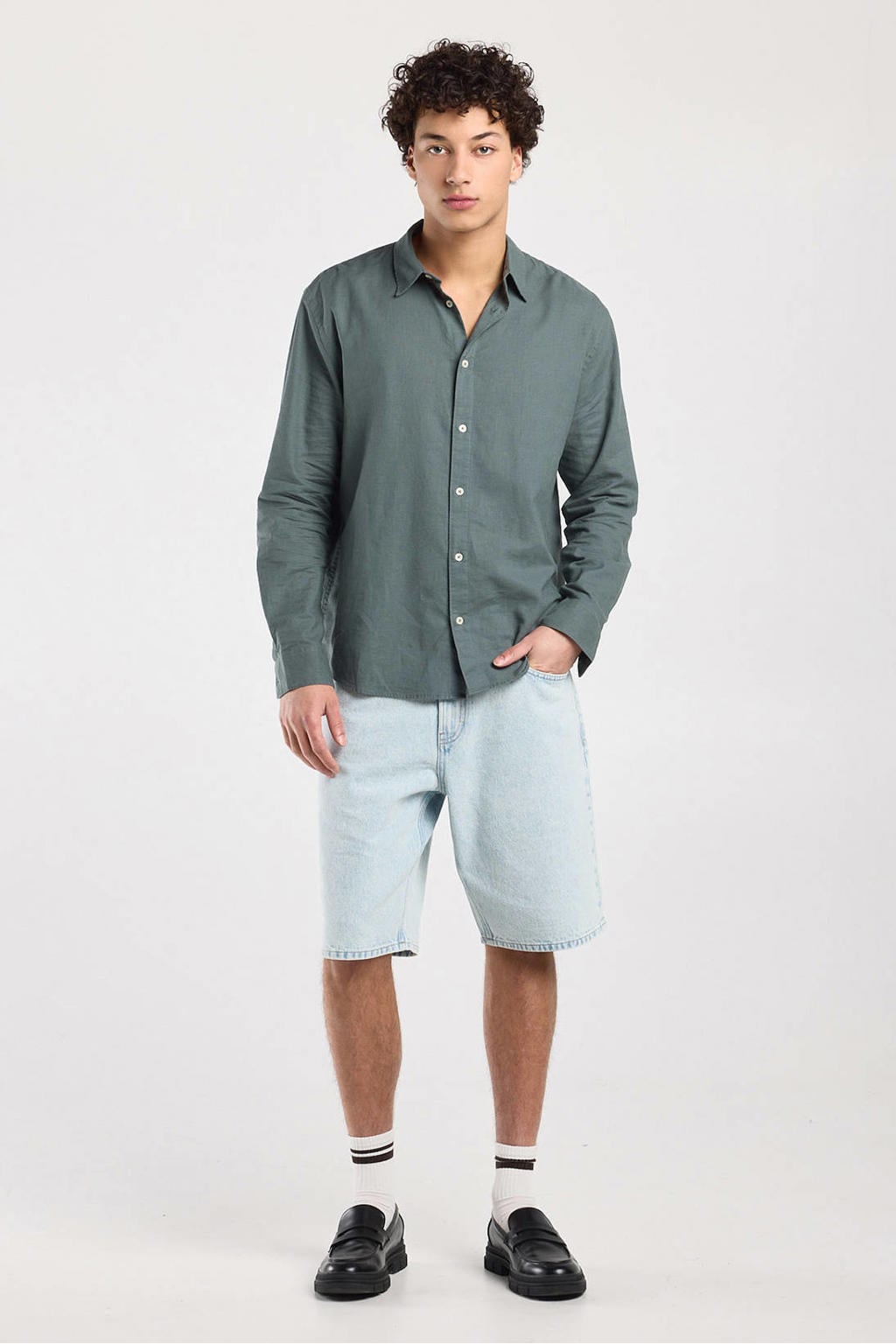 Groene heren America Today regular casual overhemd van linnen met krijtstreepprint, lange mouwen, opstaande kraag en knoopsluiting