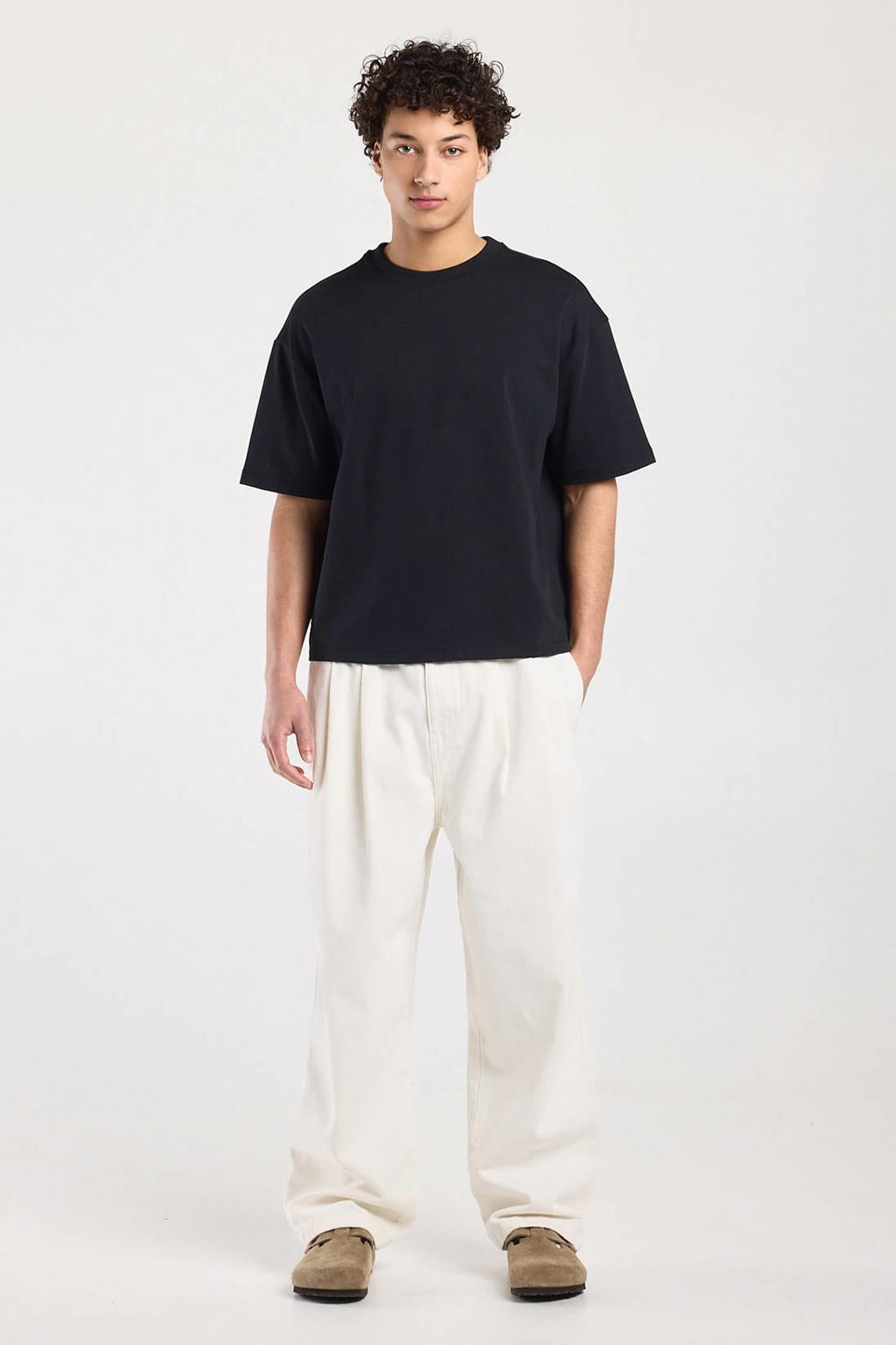 Zwarte heren America Today boxy T-shirt van katoen met effen, korte mouwen en ronde hals