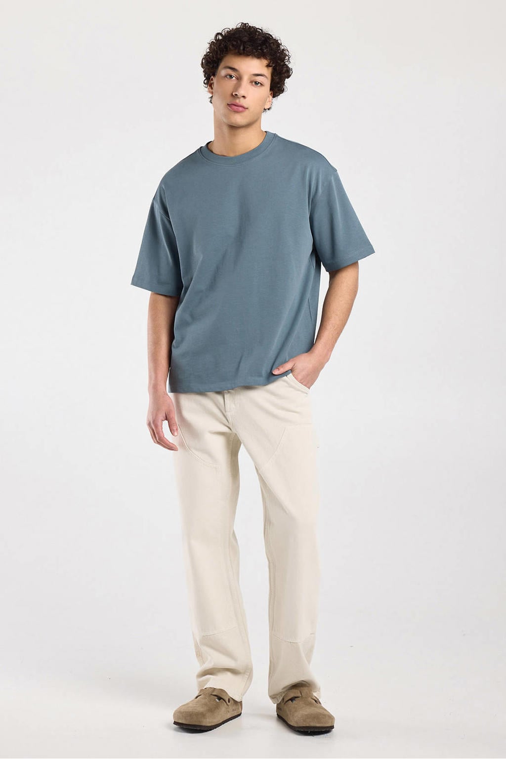 Blauwe heren America Today boxy T-shirt van katoen met effen, korte mouwen en ronde hals
