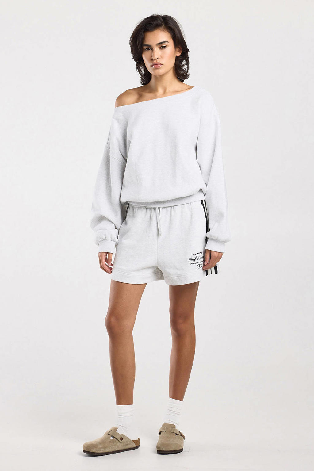Lichtgrijze dames America Today sweater van katoen met effen, lange mouwen en one shoulder