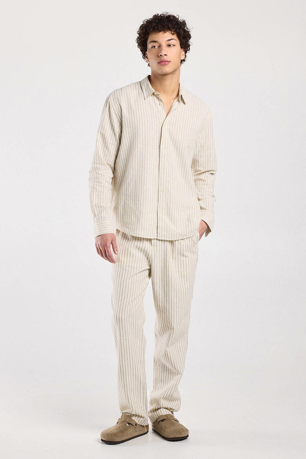 Beige en grey heren America Today regular casual overhemd van linnen met krijtstreepprint, lange mouwen, opstaande kraag en knoopsluiting