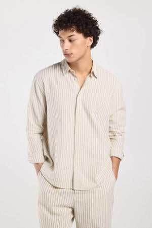 regular casual overhemd met linnen met krijtstreep beige