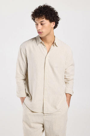 regular casual overhemd met linnen met krijtstreep beige