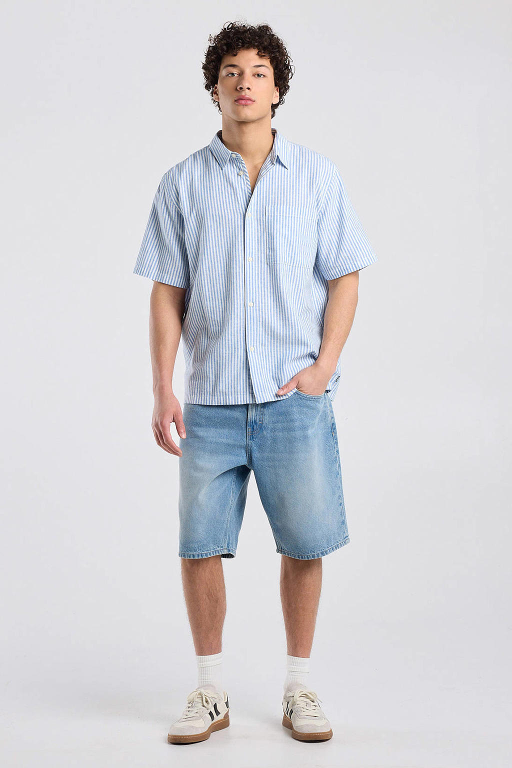 Blauwe heren America Today regular casual overhemd van linnen met krijtstreepprint, korte mouwen, opstaande kraag en knoopsluiting