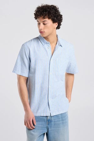regular casual overhemd met linnen met krijtstreep blauw