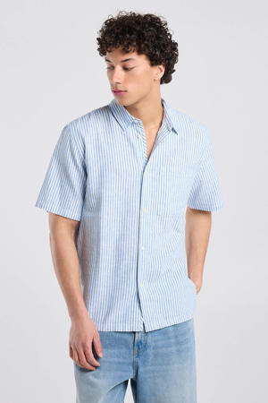 regular casual overhemd met linnen met krijtstreep blauw