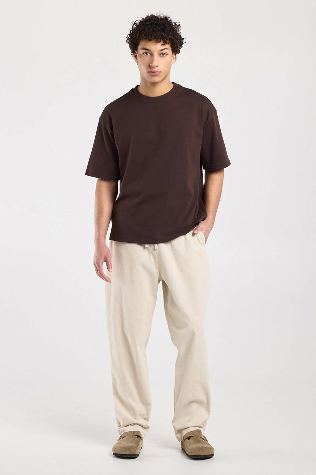 Bruine heren America Today boxy T-shirt van katoen met effen, korte mouwen en ronde hals