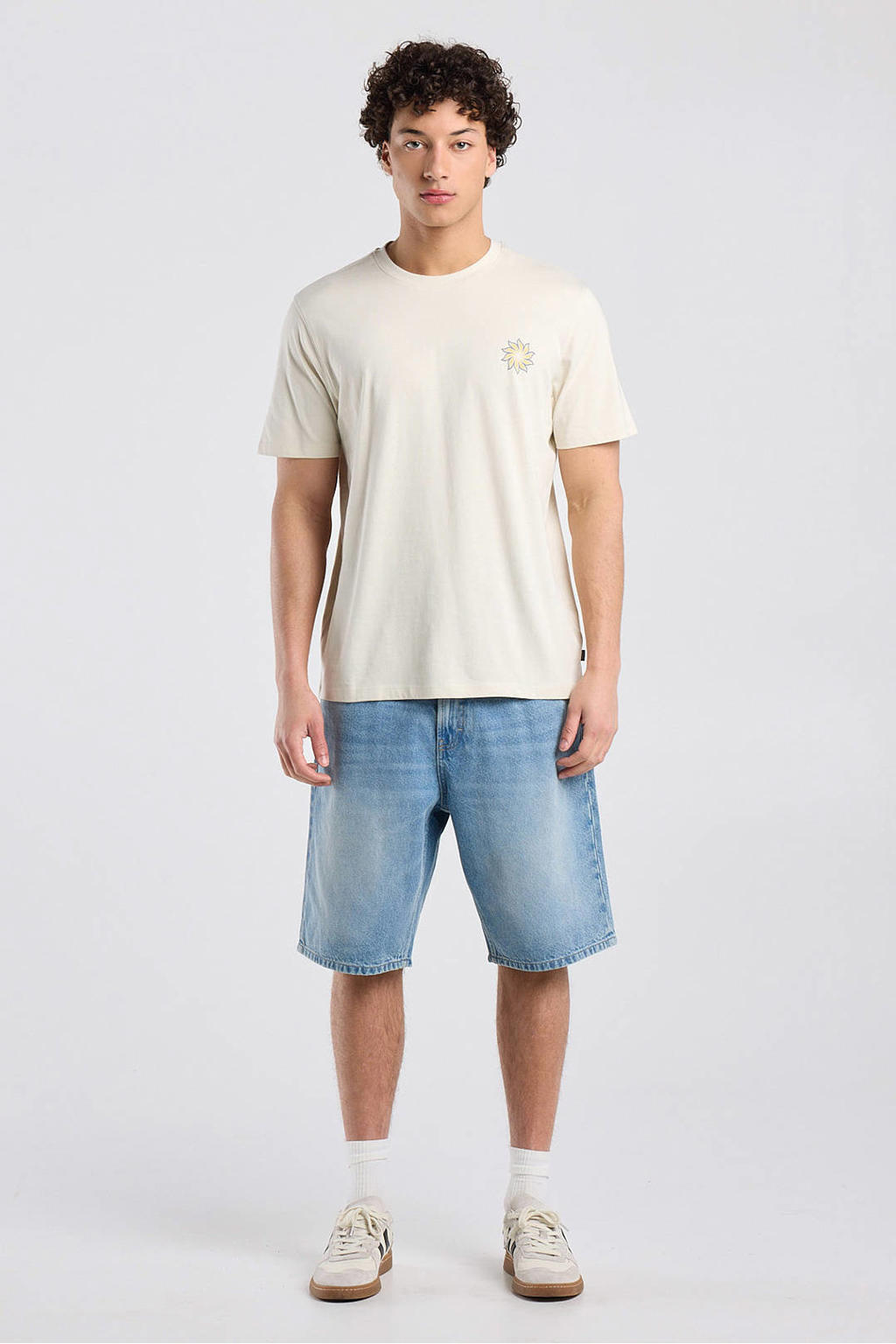 Beige heren America Today regular T-shirt van katoen met backprint, korte mouwen en ronde hals