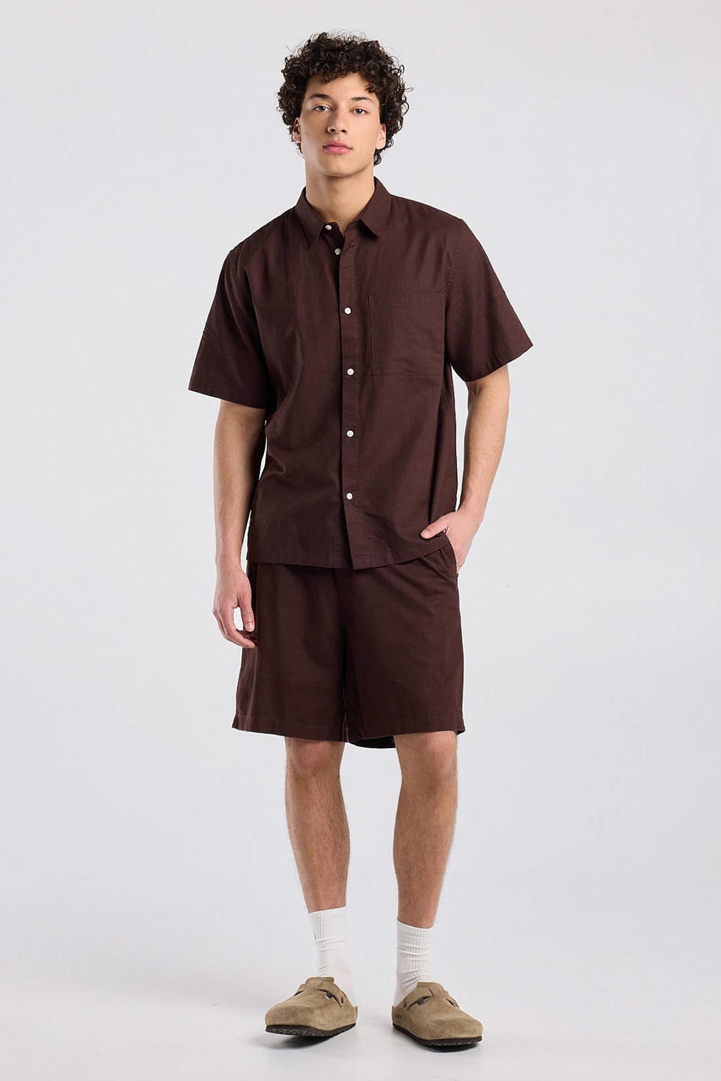 Bruine heren America Today regular casual overhemd van linnen met krijtstreepprint, korte mouwen, opstaande kraag en knoopsluiting