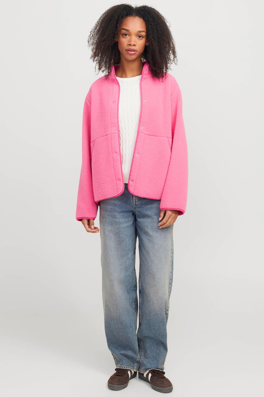 Roze dames JJXX teddy jas met effen, lange mouwen, opstaande kraag en drukknoopsluiting