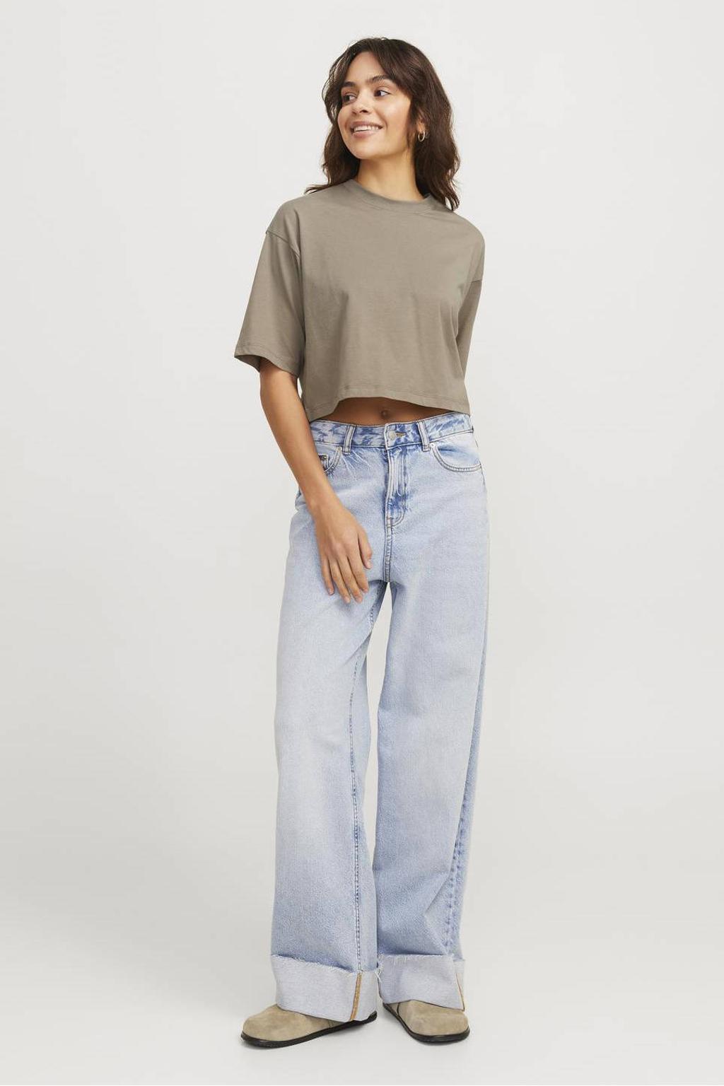 Lichtkaki dames JJXX T-shirt van katoen met effen, korte mouwen en ronde hals