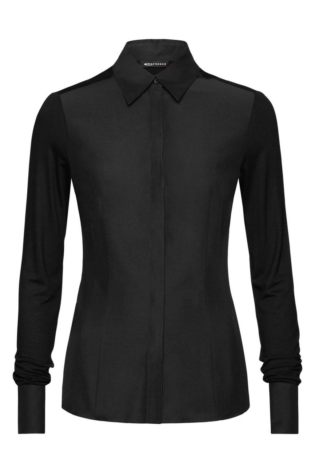 Zwarte dames Expresso jersey blouse met effen, lange mouwen, klassieke kraag en knoopsluiting