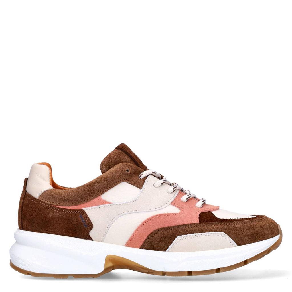 Bruin, roze en beige dames Manfield chunky leren sneakers met veters