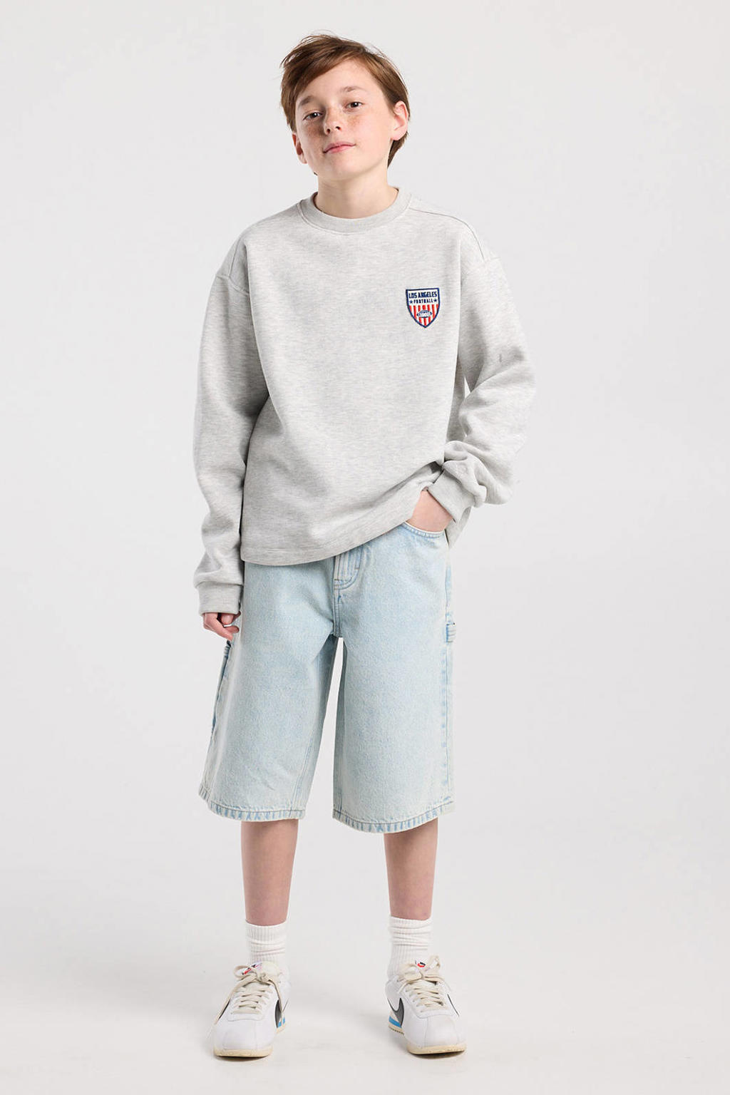 Light blue denim jongens America Today short van denim met rits- en knoopsluiting en effen