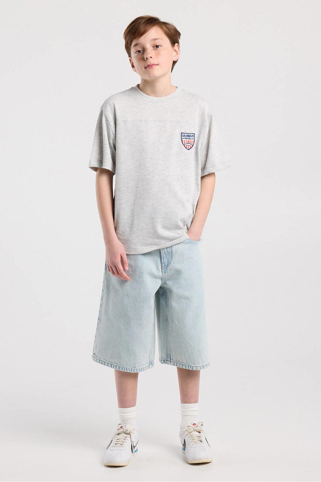 Light blue denim jongens America Today baggy jort van denim met rits- en knoopsluiting en effen