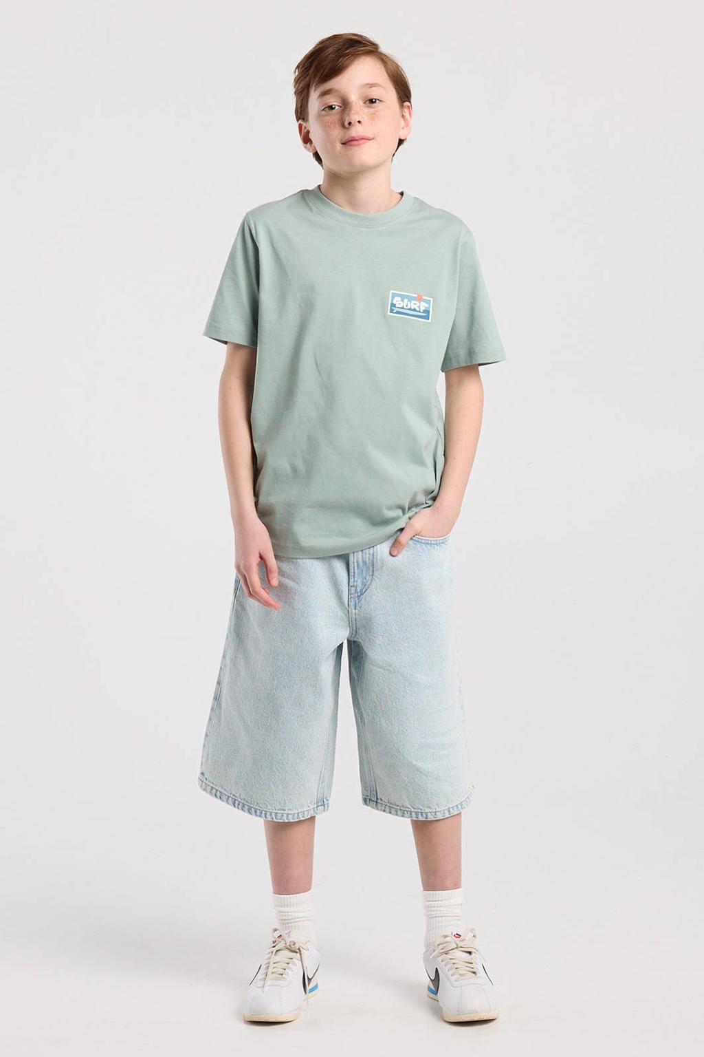 Lichtgroene jongens America Today T-shirt van katoen met printopdruk, korte mouwen en ronde hals