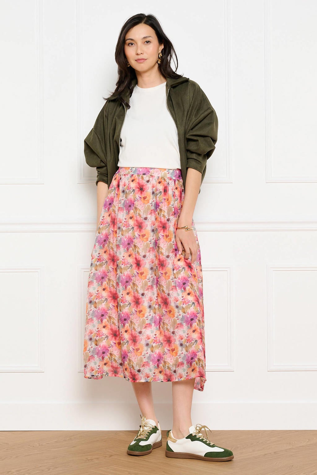 Multikleurige dames LOLALIZA gebloemde midi rok gemaakt van polyester en met elastische tailleband
