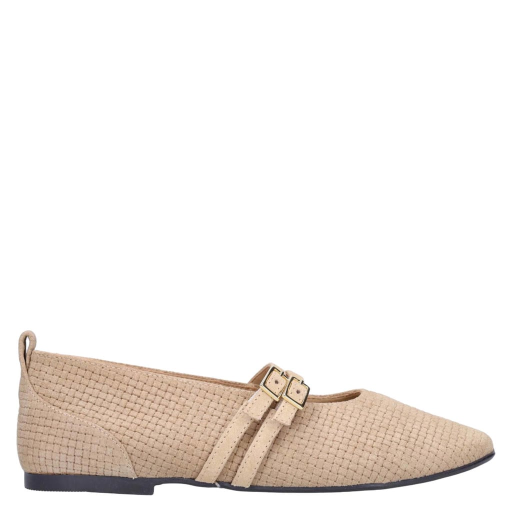 Beige dames No Stress suède ballerina's met gesp