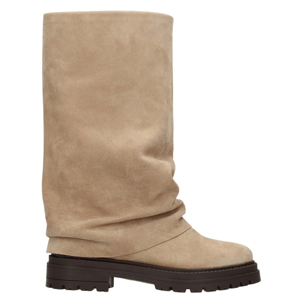 Beige dames Manfield suède hoge laarzen met flap met ritssluiting
