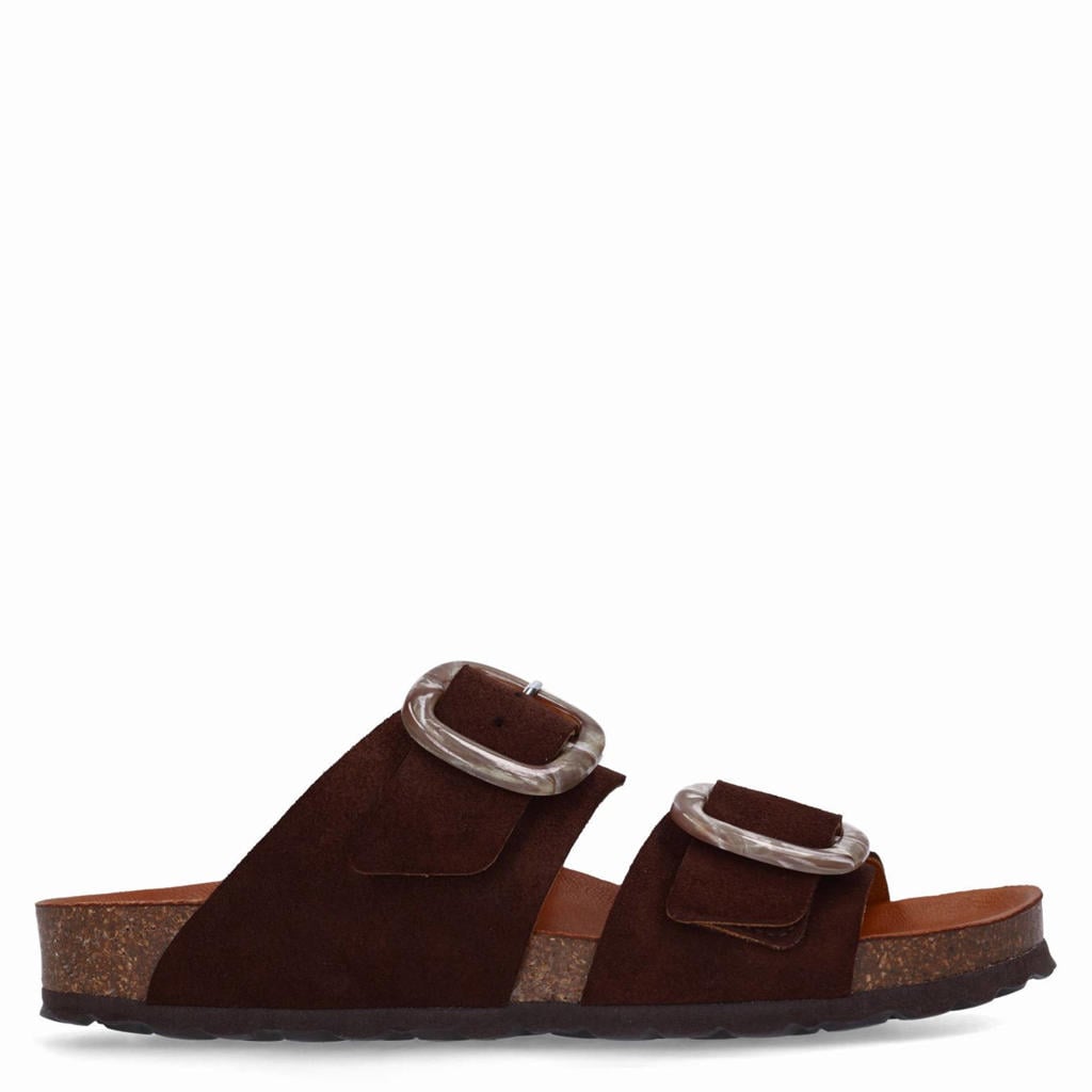 Bruine dames Manfield suède slippers met gesp