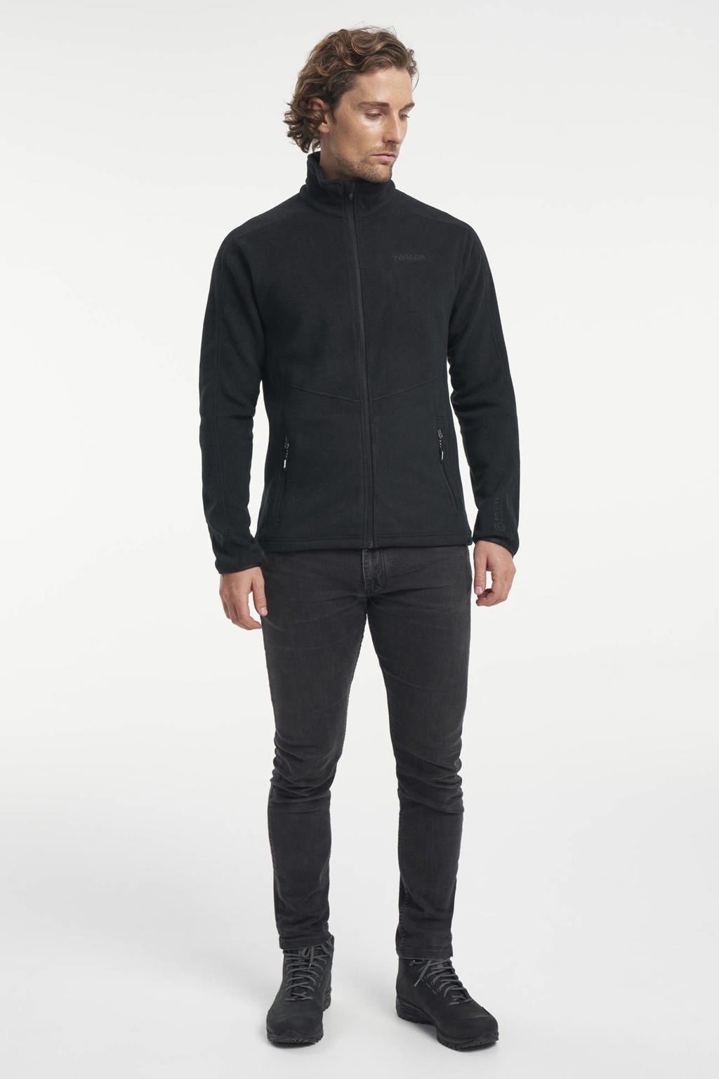 Zwarte heren Tenson fleece vest Miracle met effen, lange mouwen, opstaande kraag en ritssluiting