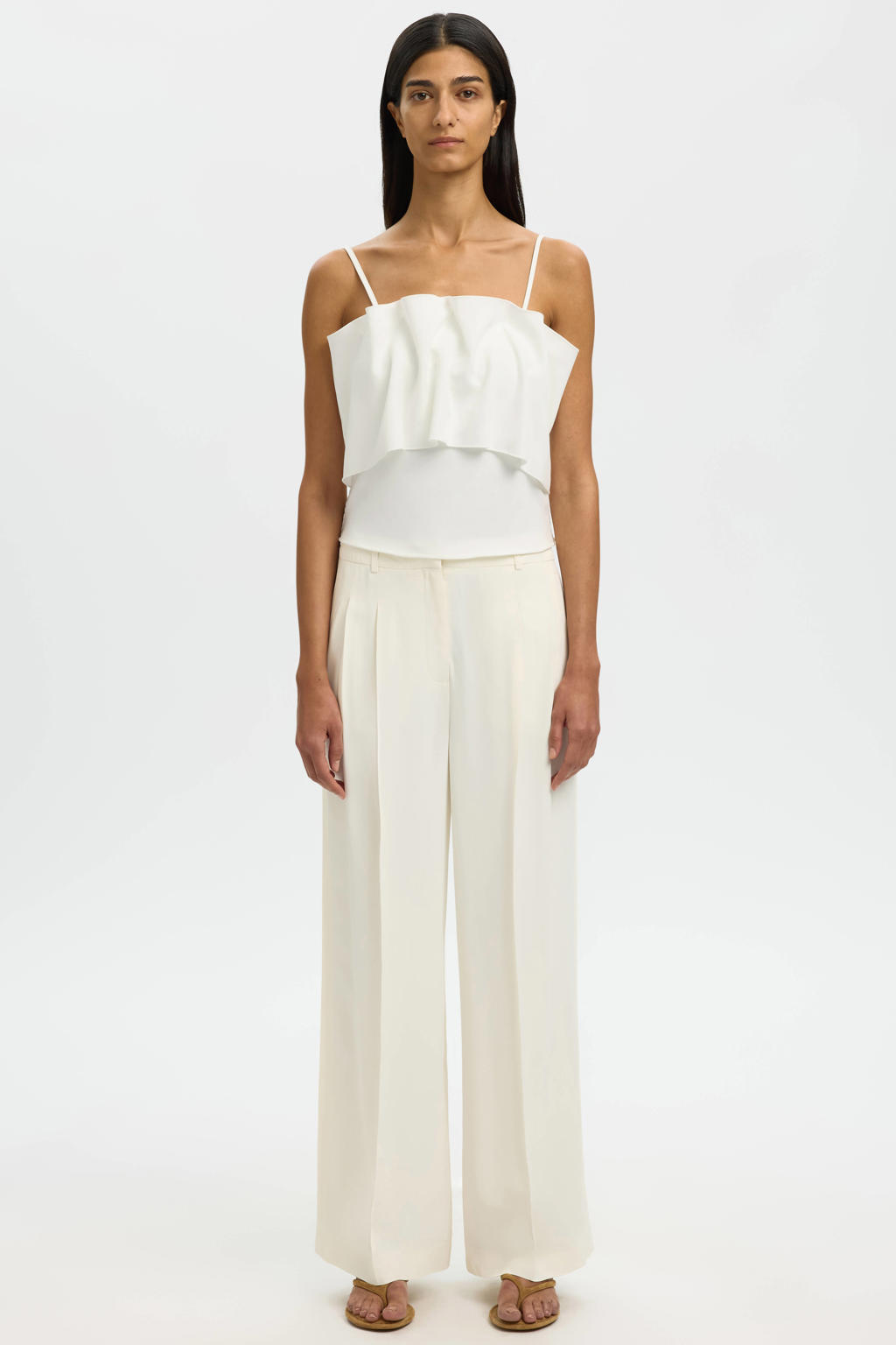 Witte dames Selected Women top van polyester met effen, spaghettibandjes, vierkante hals en ruches