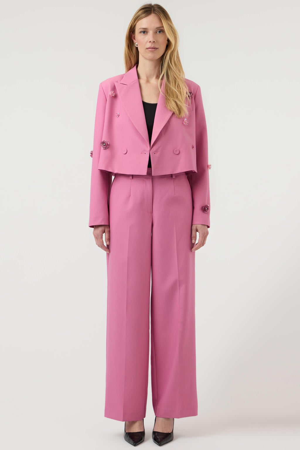 Roze dames YAS wide leg regular waist casual broek met rits- en haaksluiting en effen